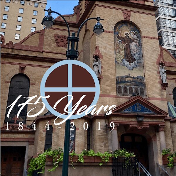 Historic church building with anniversary text overlay.