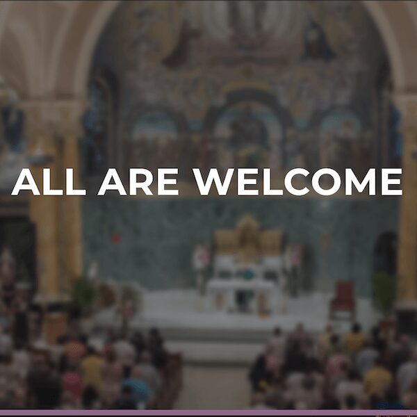 Church interior with "All Are Welcome" text.