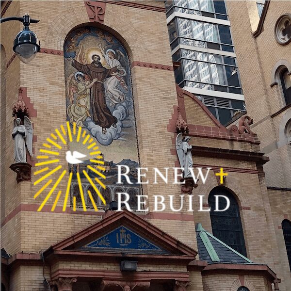 Church facade with religious mural and statues.