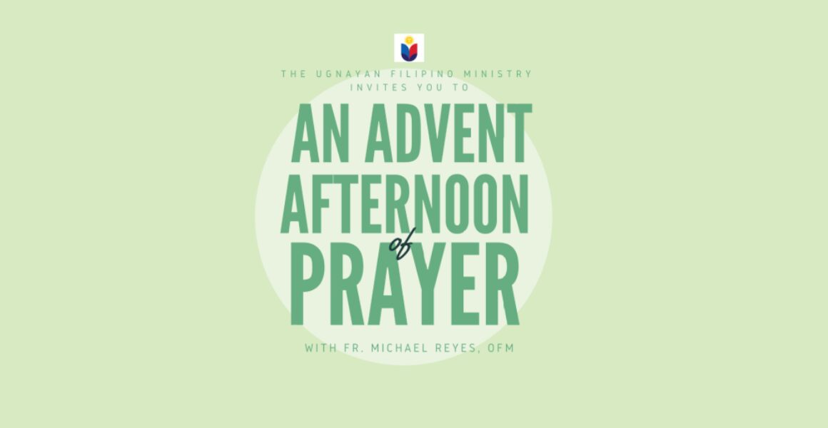 Advent prayer event invitation on green background.