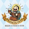 Francis Fest: Beer, food, fun! Cartoon of happy friar hoisting a mug of beer.