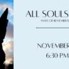 All Souls Day Mass of Remembrance, November 13 6:30pm. Photo: a statue of an angel silhouetted against the setting sun.