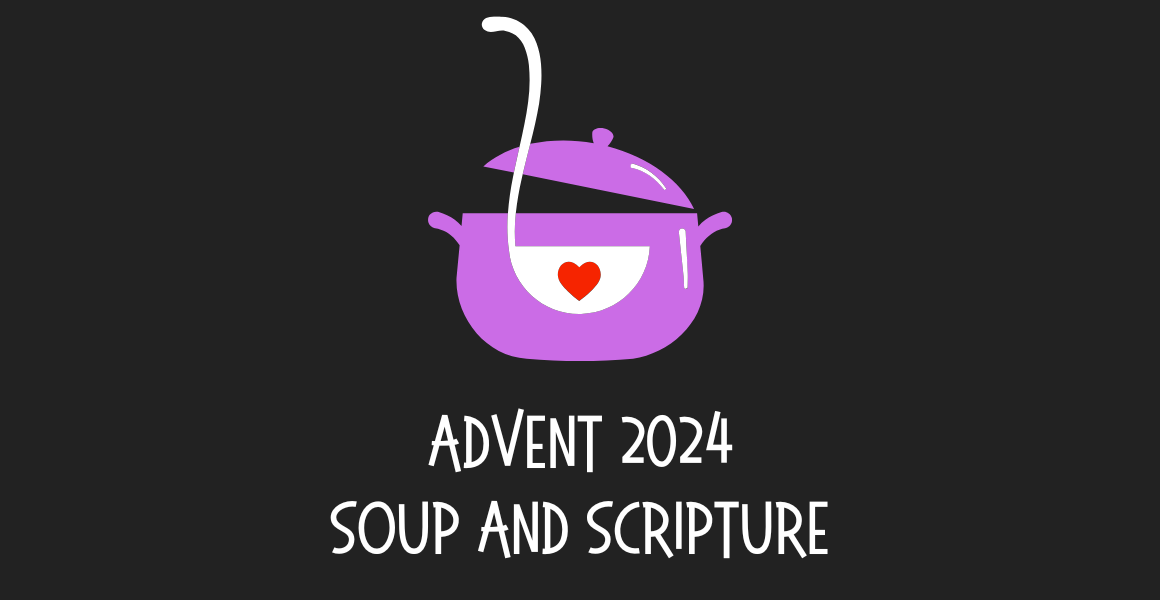 Advent 2024 Soup and Scripture. Illustration of a soup cauldron with a ladle. The cauldron is light purple, the color of Advent, and the cauldron has a heart on it.