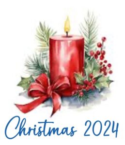 Christmas 2024. Illustration of a red candle with a red bow, surrounded by holly, pine branches, and red berries.