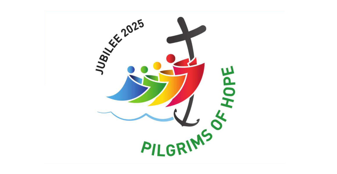 Jubilee Year of Hope. Logo: four stylized people moving over waves towards a cross. The cross is stylized to resemble an anchor. The first wraps its arms around the cross.